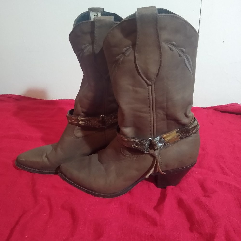 Heeled western mid-calf boots taupe brown gray